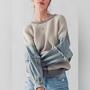 Colorblock Sweater with Denim Sleeves